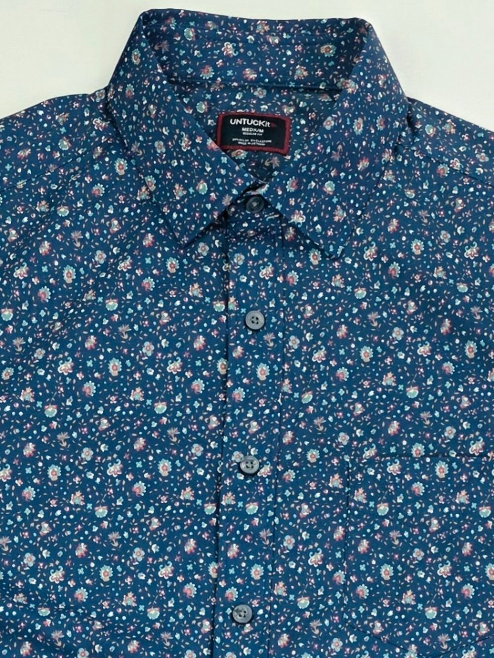 Untuckit Regular Fit Navy Floral Spread Collar Long Sleeve Logo Tag Nylon Shirt